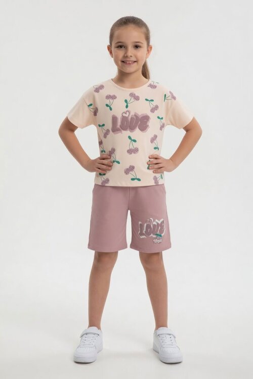 Gül Kurusu Kiraz Desenli Love Yazılı Tişörtlü Kız Çocuk Şortlu Takım 23899