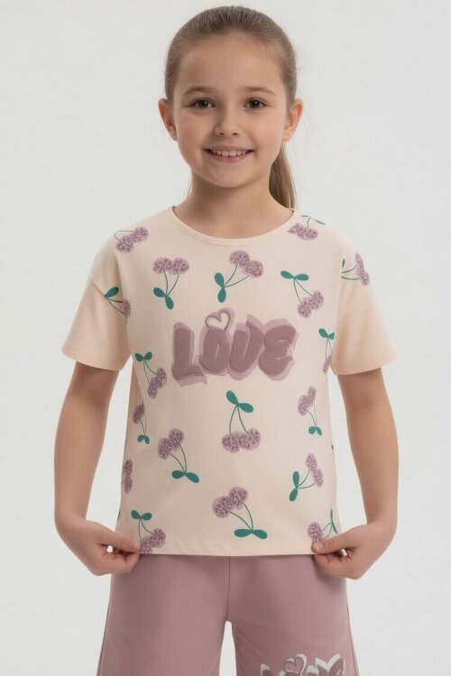 Gül Kurusu Kiraz Desenli Love Yazılı Tişörtlü Kız Çocuk Şortlu Takım 23899