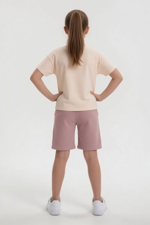 Gül Kurusu Kiraz Desenli Love Yazılı Tişörtlü Kız Çocuk Şortlu Takım 23899