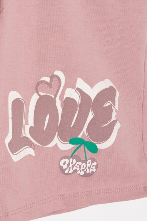 Gül Kurusu Kiraz Desenli Love Yazılı Tişörtlü Kız Çocuk Şortlu Takım 23899