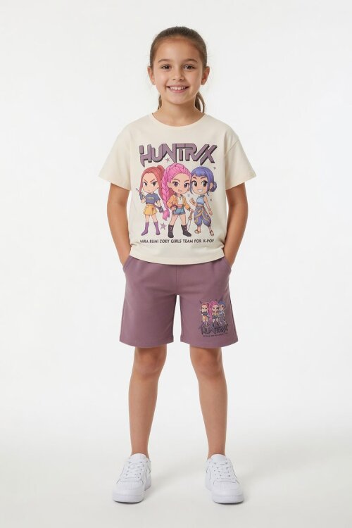 Gül Kurusu Kız Çocuk Temalı Şortlu Tişörtlü 2li Alt Üst Takım  23936