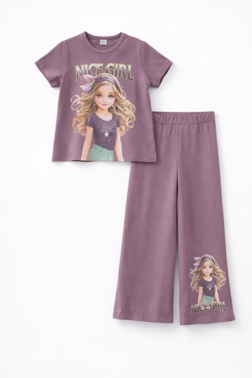 Gül Kurusu Kız Karakter Baskılı Geniş Paça Pantolonlu 2li Kız Çocuk Takım 23804