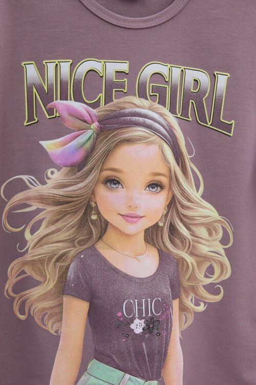 Gül Kurusu Kız Karakter Baskılı Geniş Paça Pantolonlu 2li Kız Çocuk Takım 23804