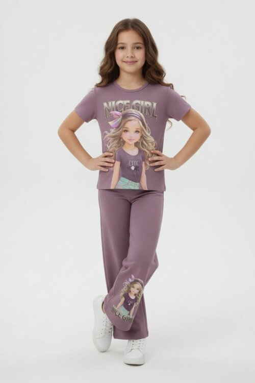 Gül Kurusu Kız Karakter Baskılı Geniş Paça Pantolonlu 2li Kız Çocuk Takım 23804