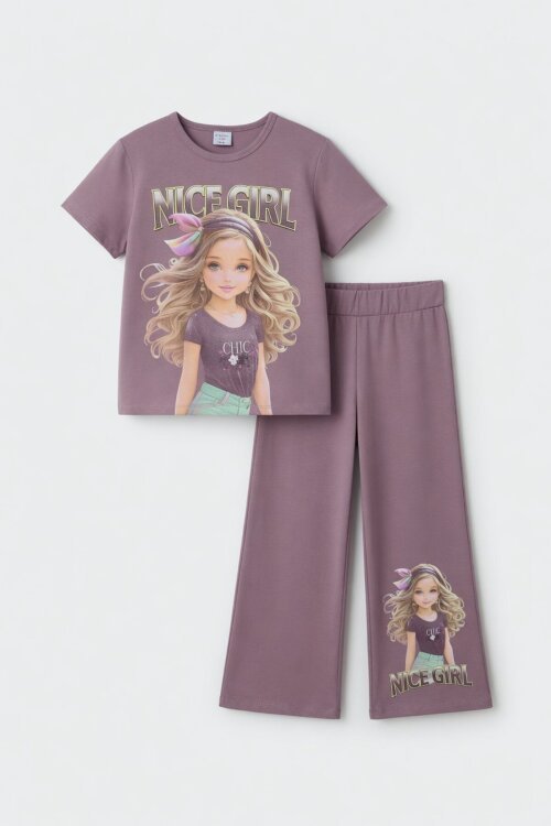 Gül Kurusu Kız Karakter Baskılı Geniş Paça Pantolonlu 2li Kız Çocuk Takım 23804