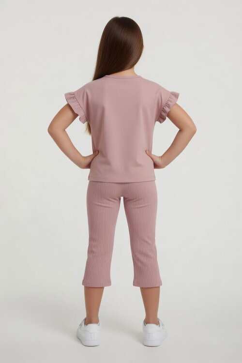 Gül Kurusu Minnie Desenli Tişörtlü Fitilli Pantolonlu Kız Çocuk Alt Üst Takım 23835