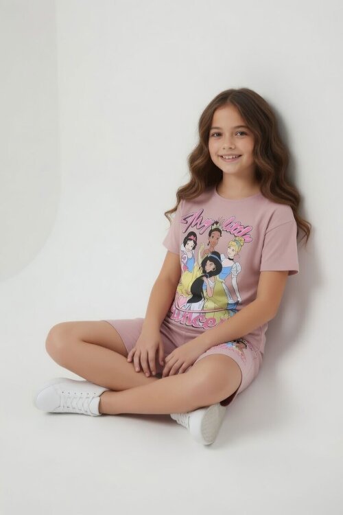 Gül Kurusu Prenses Temalı Tişörtlü Kız Çocuk Yazlık Şortlu Takım 23866