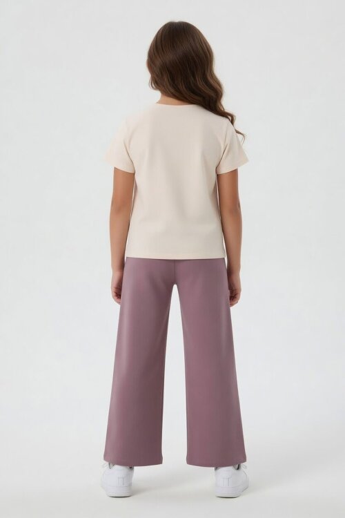 Gül Kurusu Sevimli Çizgi Karakter Baskılı Tişörtlü Kız Çocuk Geniş Paça  Takım 23859