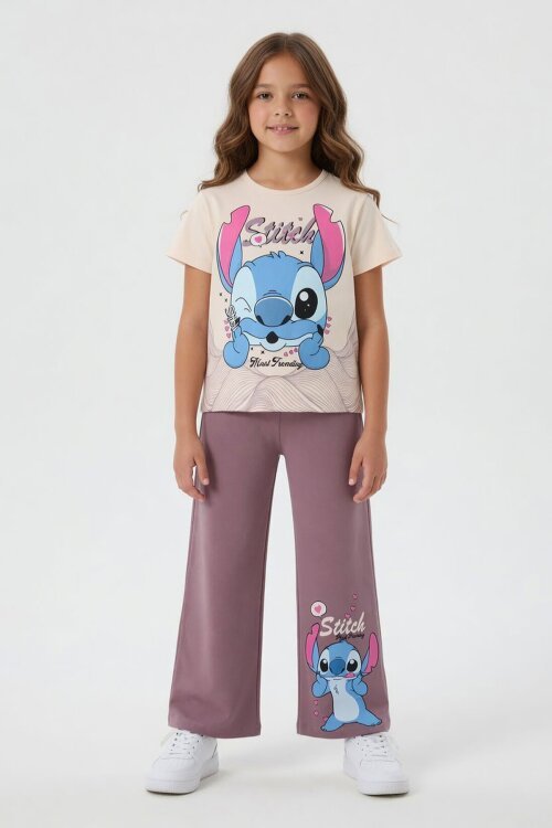 Gül Kurusu Sevimli Çizgi Karakter Baskılı Tişörtlü Kız Çocuk Geniş Paça  Takım 23859