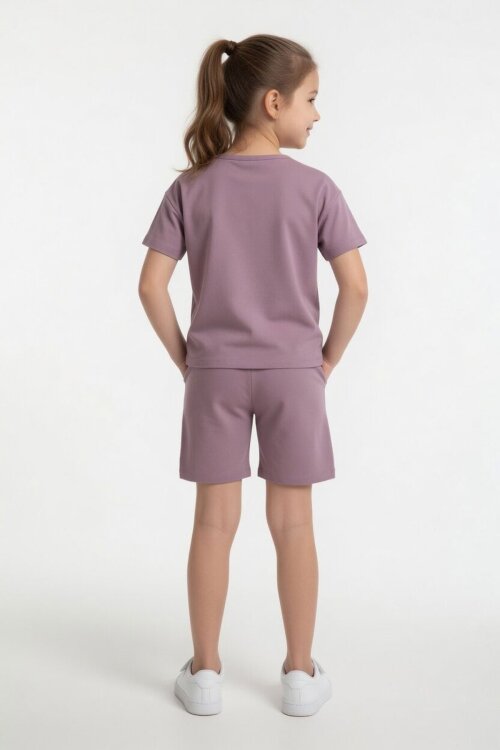 Gül Kurusu Sevimli Tavşan Baskı Bisiklet Yaka Kız Çocuk Şortlu Takım 23947