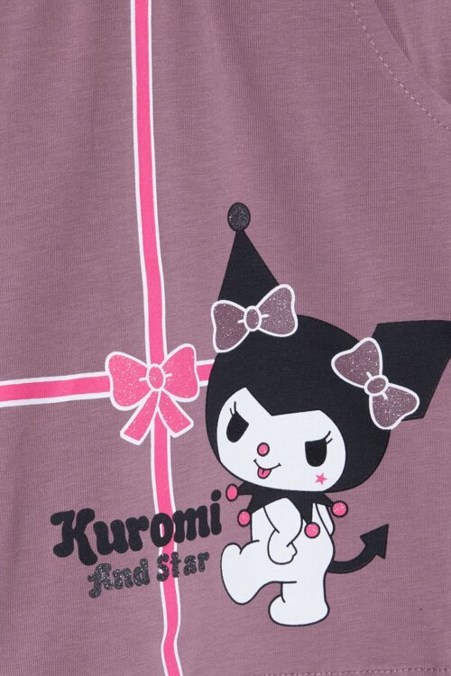 Gül Kurusu Sevimli Tavşan Baskı Bisiklet Yaka Kız Çocuk Şortlu Takım 23947