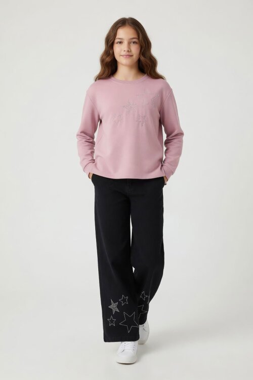 Gülkurusu Yıldız İşlemeli Badili Jean Pantolonlu Kız Çocuk 2li Takım 23973