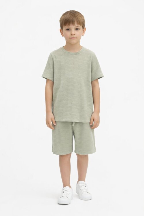 Haki Kare Desenli Bisiklet Yaka Tişörtlü Erkek Çocuk Şortlu Takım 20783