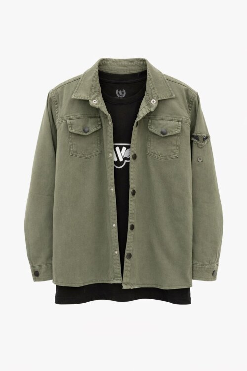 Haki Keten Gömlekli Bisiklet Yaka Baskılı Tişörtlü Erkek Çocuk 2li Takım 20256