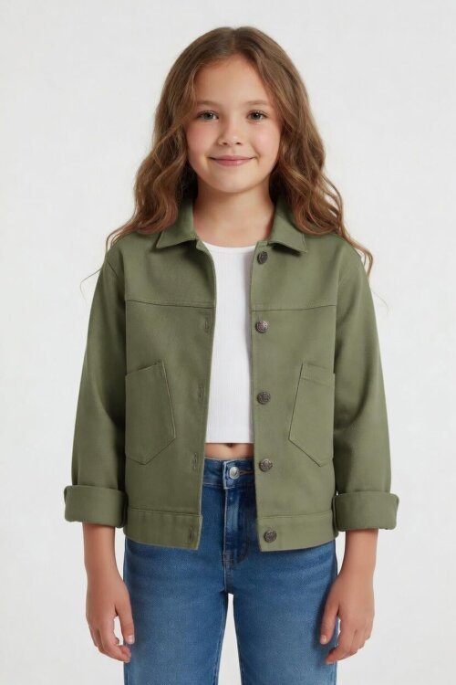 Haki Sırtı Düğme Detaylı Kız Çocuk Gabardin Ceket 24560