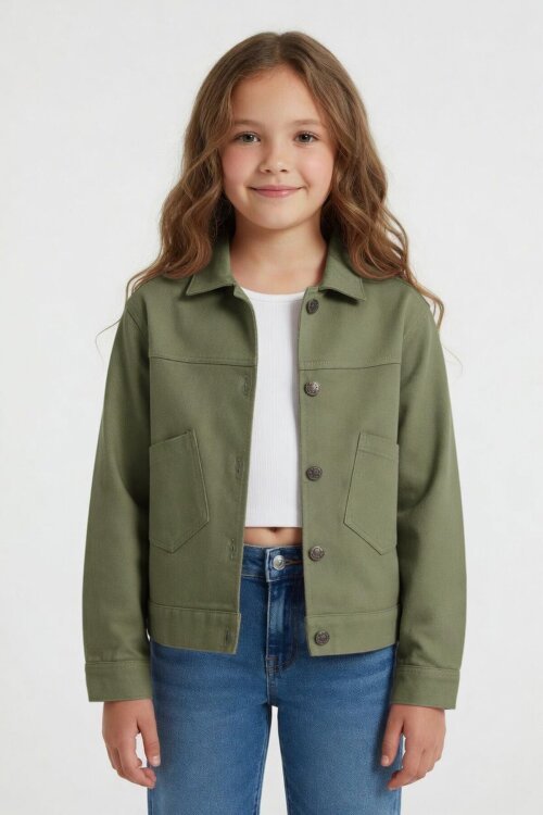 Haki Sırtı Düğme Detaylı Kız Çocuk Gabardin Ceket 24560