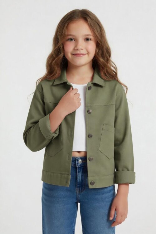 Haki Sırtı Düğme Detaylı Kız Çocuk Gabardin Ceket 24560