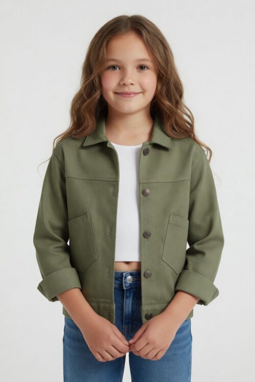 Haki Sırtı Düğme Detaylı Kız Çocuk Gabardin Ceket 24560