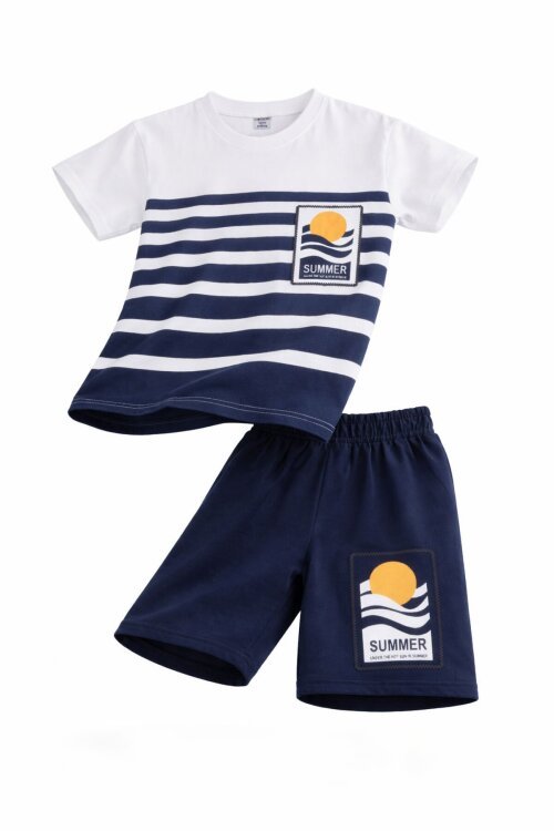 İndigo Çizgi Desenli Summer Baskı Erkek Çocuk Şortlu Tişörtlü Takım 23785