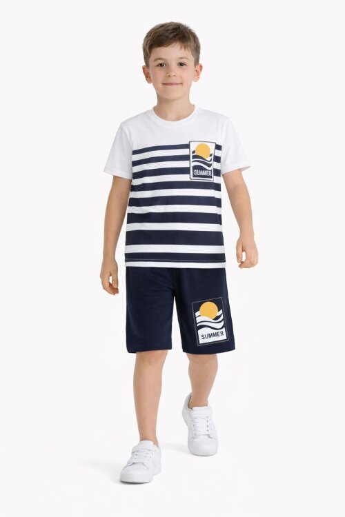 İndigo Çizgi Desenli Summer Baskı Erkek Çocuk Şortlu Tişörtlü Takım 23785