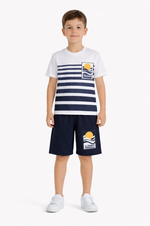 İndigo Çizgi Desenli Summer Baskı Erkek Çocuk Şortlu Tişörtlü Takım 23785