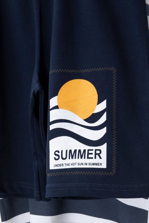 İndigo Çizgi Desenli Summer Baskı Erkek Çocuk Şortlu Tişörtlü Takım 23785