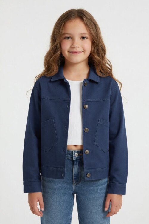 İndigo Sırtı Düğme Detaylı Kız Çocuk Gabardin Ceket 24562