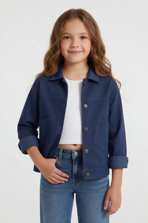 İndigo Sırtı Düğme Detaylı Kız Çocuk Gabardin Ceket 24562