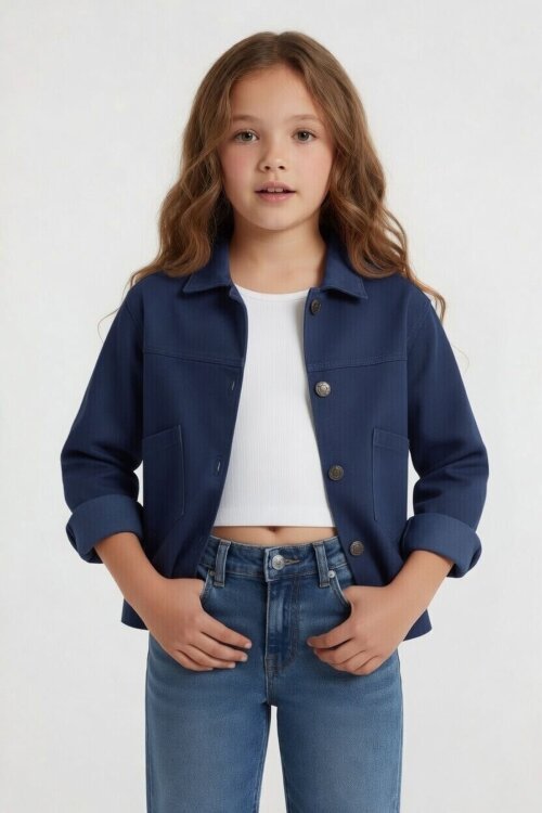 İndigo Sırtı Düğme Detaylı Kız Çocuk Gabardin Ceket 24562