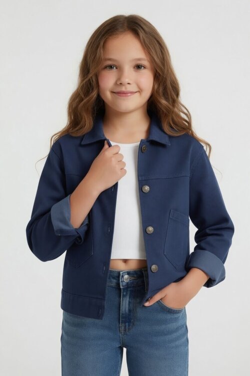 İndigo Sırtı Düğme Detaylı Kız Çocuk Gabardin Ceket 24562