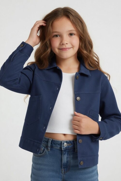 İndigo Sırtı Düğme Detaylı Kız Çocuk Gabardin Ceket 24562