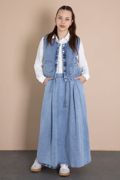 Jean Etekli Sıfır Kol Yelekli Kız Çocuk Gömlekli 3lü Takım 23916