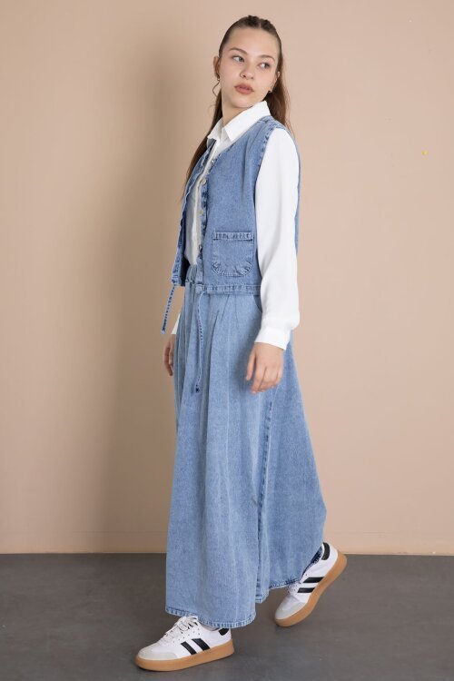 Jean Etekli Sıfır Kol Yelekli Kız Çocuk Gömlekli 3lü Takım 23916