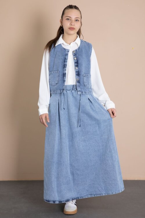 Jean Etekli Sıfır Kol Yelekli Kız Çocuk Gömlekli 3lü Takım 23916