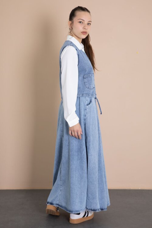 Jean Etekli Sıfır Kol Yelekli Kız Çocuk Gömlekli 3lü Takım 23916