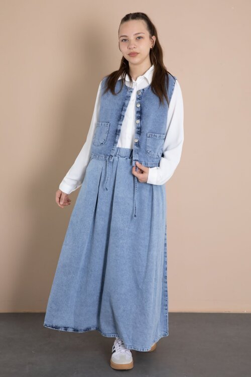 Jean Etekli Sıfır Kol Yelekli Kız Çocuk Gömlekli 3lü Takım 23916