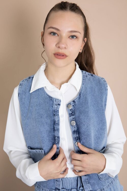 Jean Etekli Sıfır Kol Yelekli Kız Çocuk Gömlekli 3lü Takım 23916