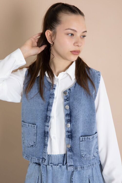 Jean Etekli Sıfır Kol Yelekli Kız Çocuk Gömlekli 3lü Takım 23916