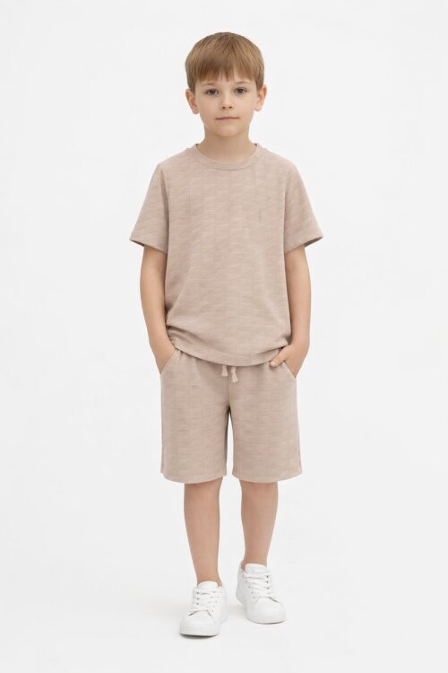 Kahve Kare Desenli Bisiklet Yaka Tişörtlü Erkek Çocuk Şortlu Takım 20784