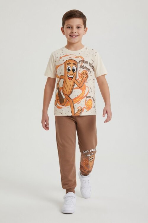 Kahverengi Baskılı Bisiklet Yaka Tişörtlü Beli Lastikli Erkek Çocuk 2li Takım 23887