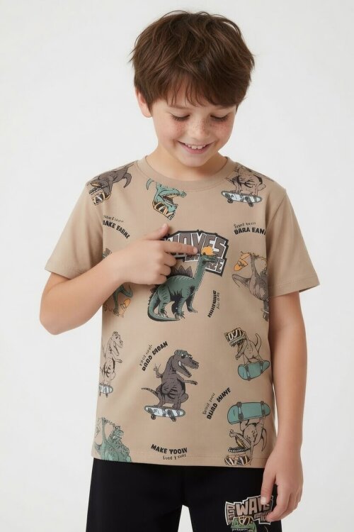 Kahverengi Dinozor Desenli Bisiklet Yaka Erkek Çocuk 2li Şortlu Takım 23926