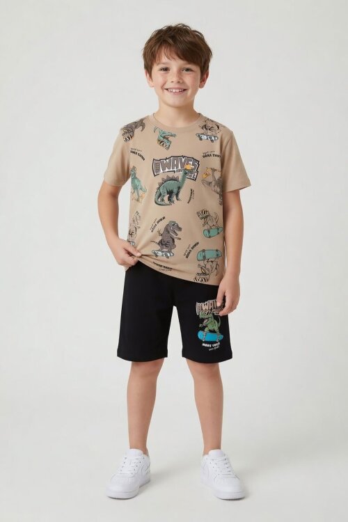 Kahverengi Dinozor Desenli Bisiklet Yaka Erkek Çocuk 2li Şortlu Takım 23926