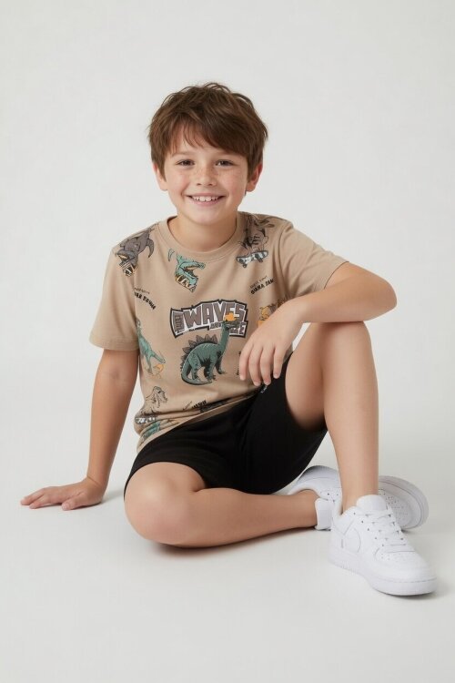 Kahverengi Dinozor Desenli Bisiklet Yaka Erkek Çocuk 2li Şortlu Takım 23926