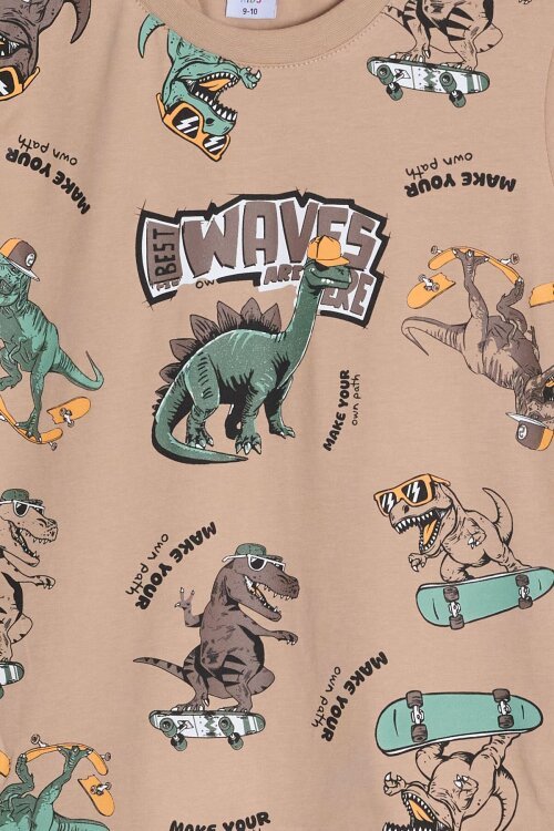 Kahverengi Dinozor Desenli Bisiklet Yaka Erkek Çocuk 2li Şortlu Takım 23926