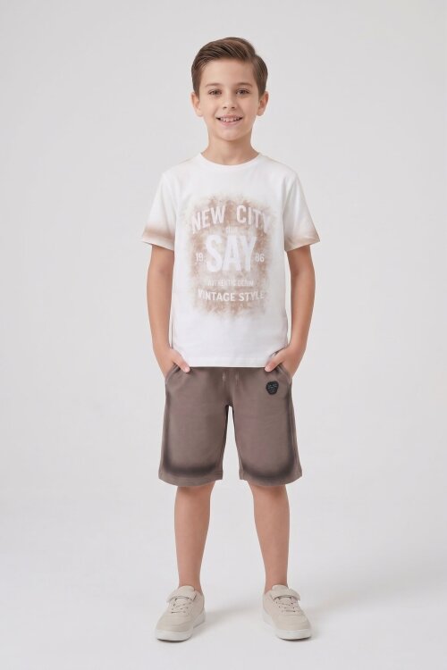 Kahverengi Kabartmalı Yazılı Tişörtlü Desenli Şortlu Erkek Çocuk 2li Takım  23816