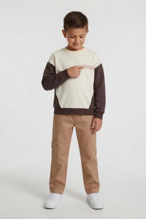 Kahverengi Kahve Erkek Çocuk Keten Pantolonlu Sweatshirt 2li Takım 24516