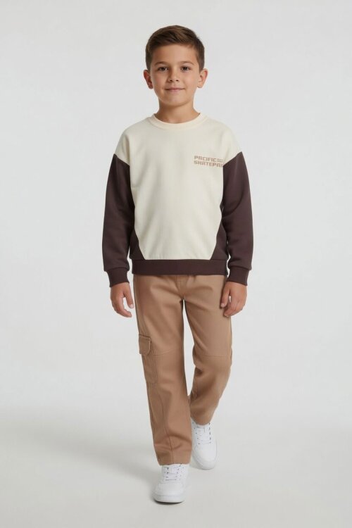 Kahverengi Kahve Erkek Çocuk Keten Pantolonlu Sweatshirt 2li Takım 24516