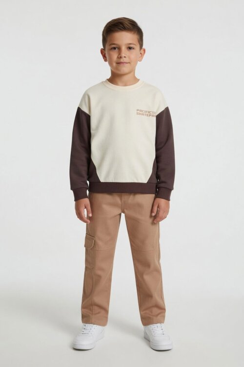 Kahverengi Kahve Erkek Çocuk Keten Pantolonlu Sweatshirt 2li Takım 24516