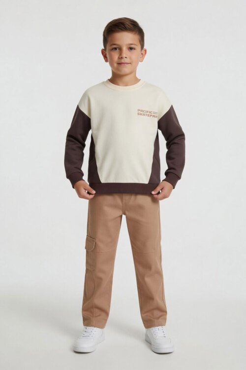 Kahverengi Kahve Erkek Çocuk Keten Pantolonlu Sweatshirt 2li Takım 24516