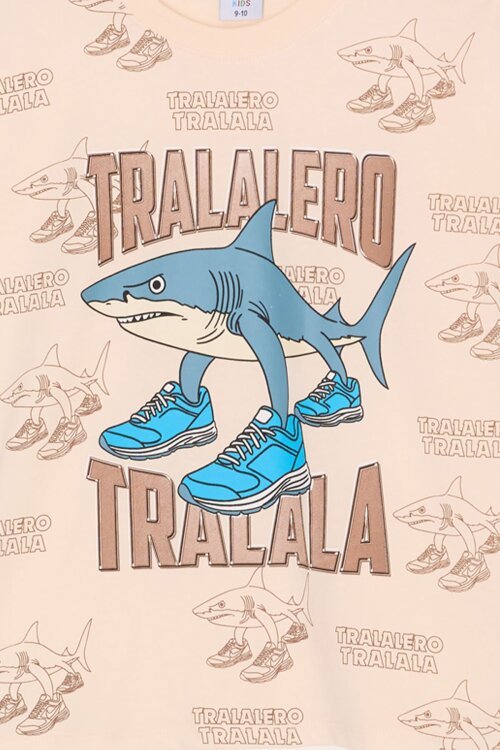 Kahverengi KöpekBalığı Baskılı Bisiklet Yaka Erkek Çocuk Şortlu Takım 23839